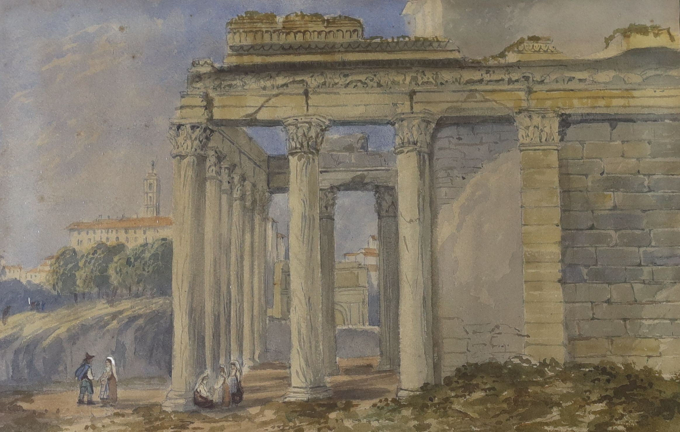 Early 19th century English School, watercolour, 'Grand Tour view of the Temple at Paestum', 28 x 41cm